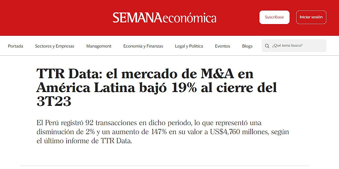 TTR Data: el mercado de M&A en Amrica Latina baj 19% al cierre del 3T23